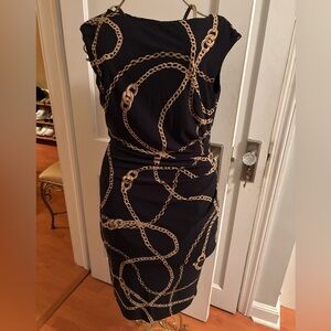 Lauren Ralph Lauren Black and Gold Chain Print Midi Dress